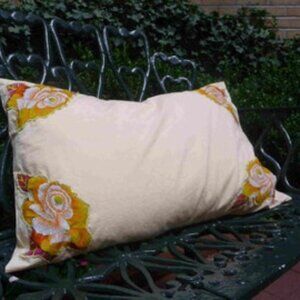Sham Roses on Yellow Cotton Pillowcase Appliques Orange Floral OOAK